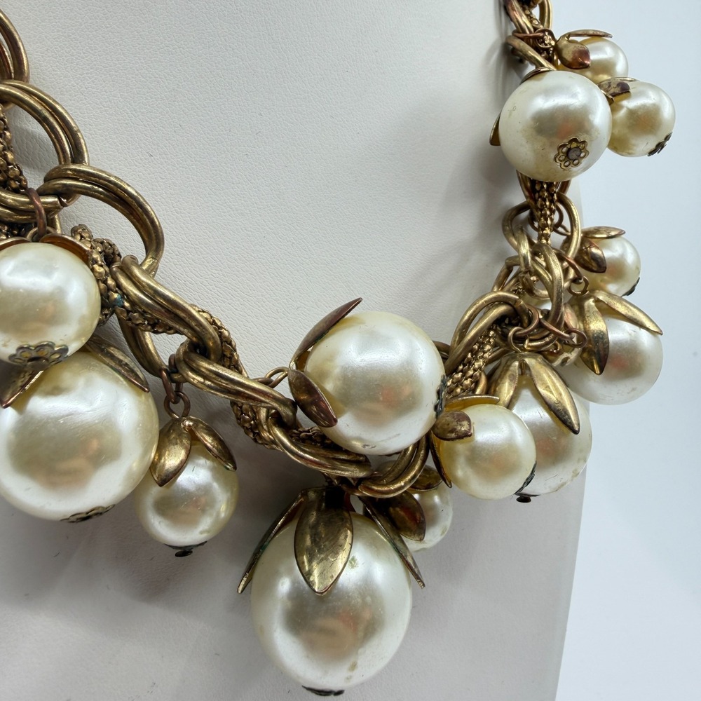 Gold Tone Faux Pearl Cluster Necklace - Boho Chunky Layering Statement - Picture 3 of 13